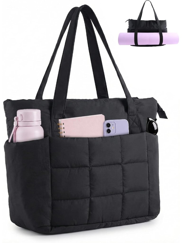 Puffer Tote Bag For Women, Quilted Work Handbag With Compartments, Puffy Shoulde